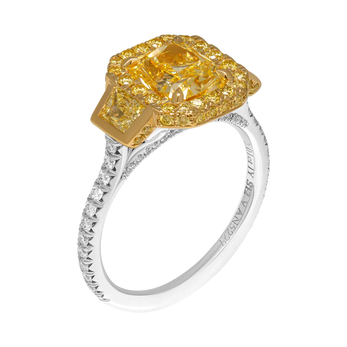 GIA Certified 2.01ct Fancy Intense Yellow Radiant Cut Three-Stone