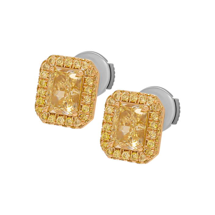 Halo Studs with 2.43 Carat GIA Certified Radiant Diamonds in 18k Yellow Gold