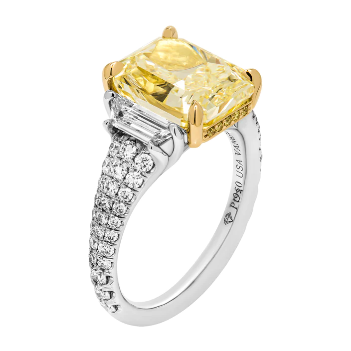 GIA Certified 3 Stone Ring with 5.38ct Natural Fancy Yellow VS1 Radiant