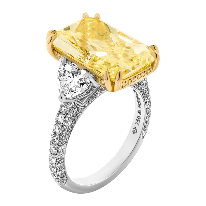 GIA Certified 3 Stone Ring with 8.10ct Fancy Yellow Radiant Cut Diamond