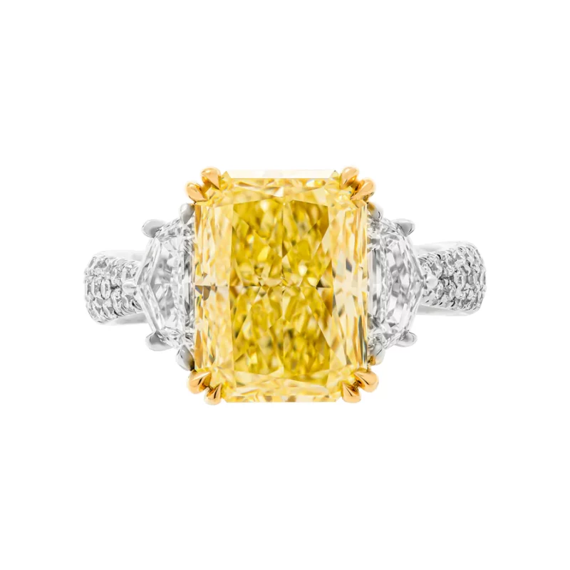 GIA Certified 5.01ct Natural Fancy Yellow Radiant Cut 3 stone ring